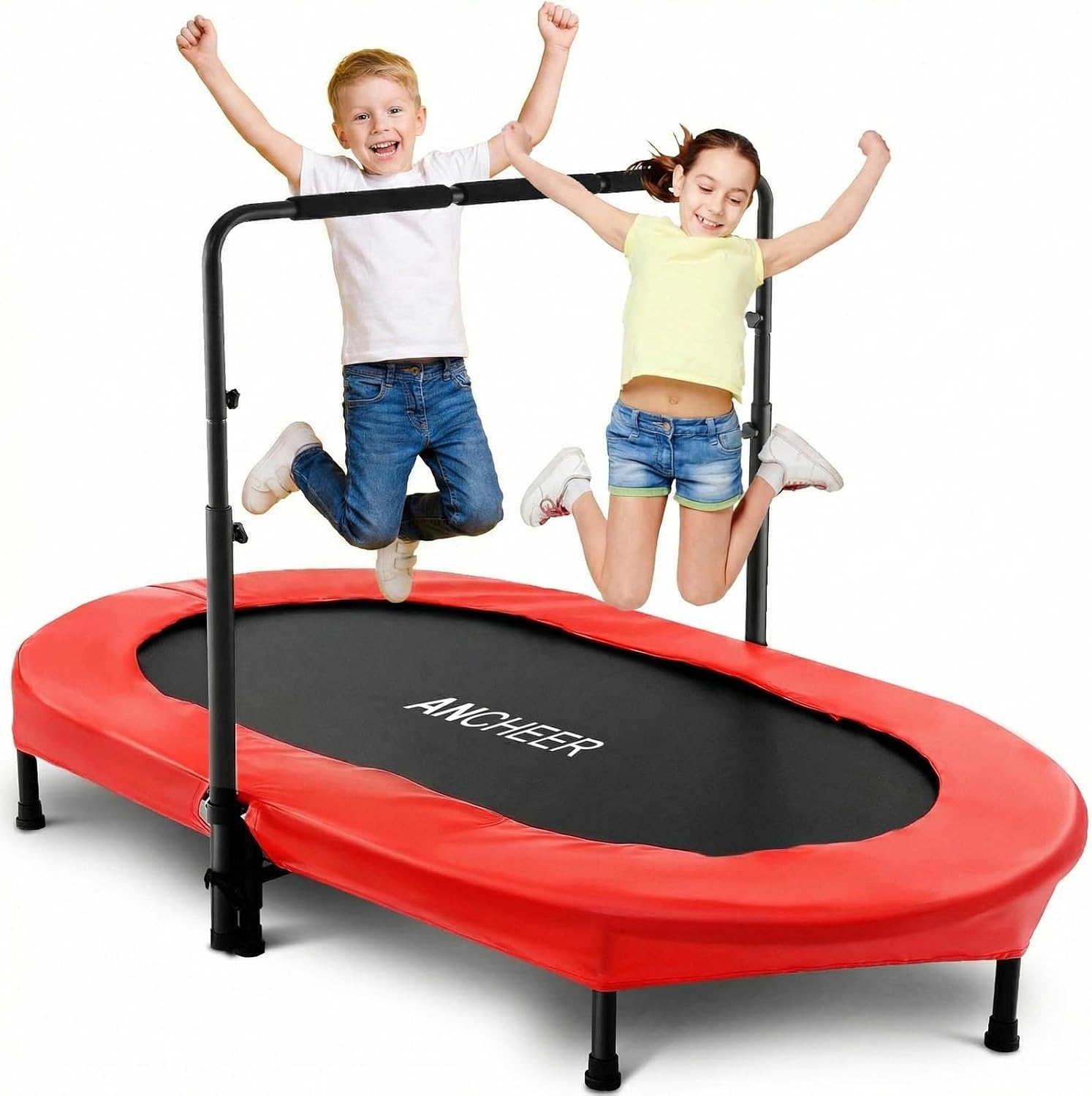 Trampoline for Kids, Toddler Trampoline Indoor Sports and Outdoor Games 56' Kids Rebounder 220LBS Capacity with Adjustable Safety Handrail Foldable Jumper for Boy Girls ASTM Certified