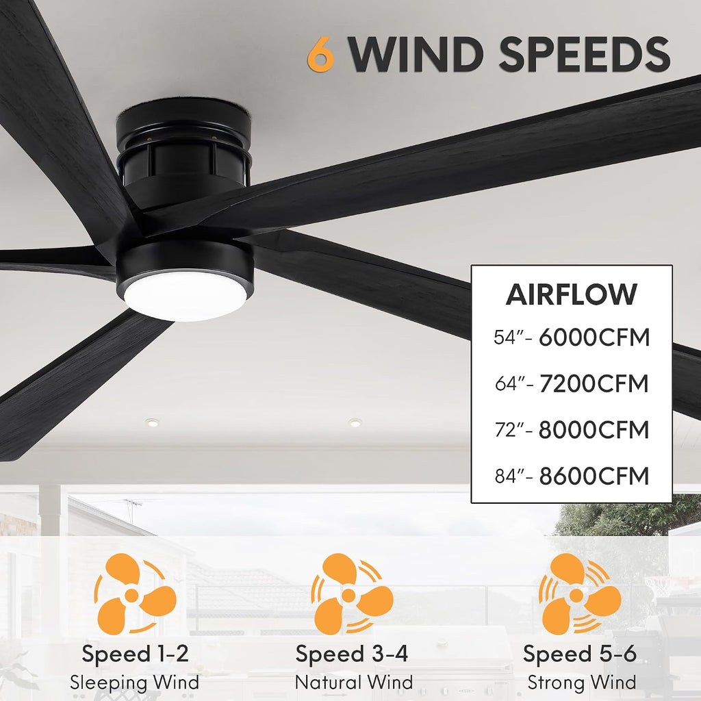 EKIZNSN 54 Inch Outdoor Low Profile Flush Mount Ceiling Fans with Lights for Patios, 110V Noiseless Reversible DC Motor, 6-Gear Speed (Black Finish with Black Blades)