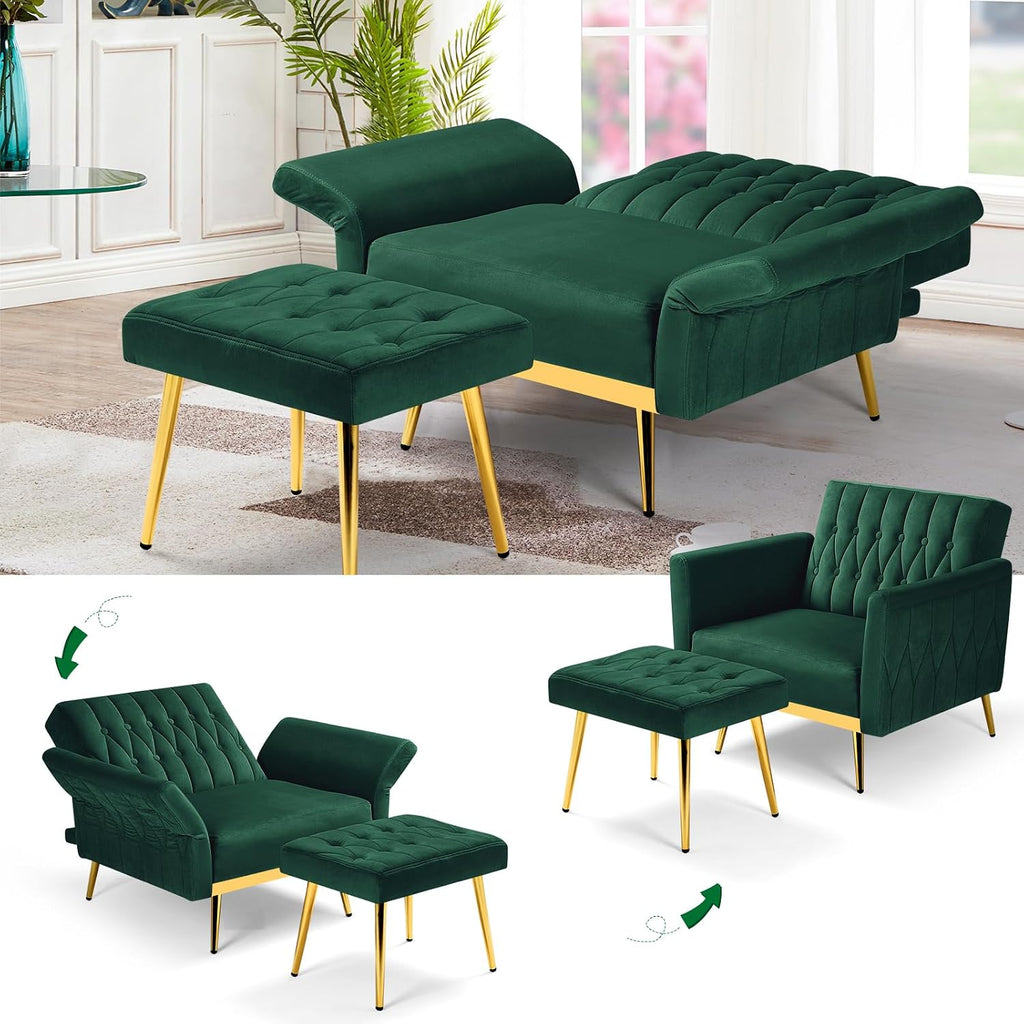 Velvet Accent Chair with Adjustable Armrests and Backrest, Button Tufted Lounge Chair, Single Recliner Armchair with Ottoman and Pillow for Living Room, Bedroom, Green