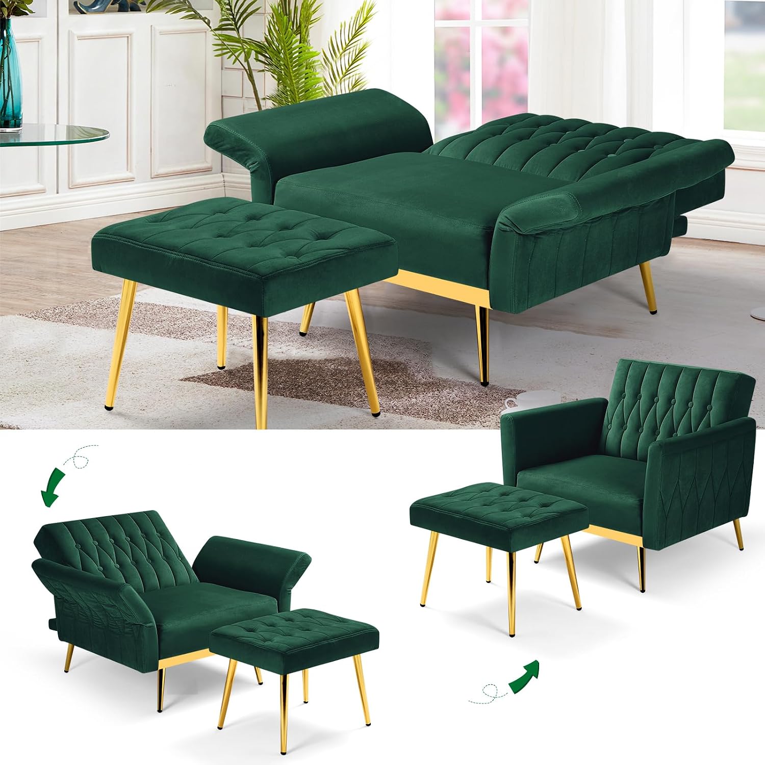 Velvet Accent Chair with Adjustable Armrests and Backrest, Button Tufted Lounge Chair, Single Recliner Armchair with Ottoman and Pillow for Living Room, Bedroom, Green