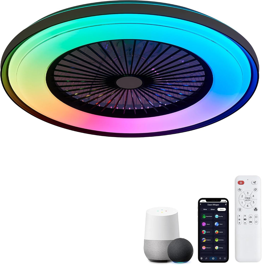 Dawn Whisper 24'' Ceiling Fan with Light Fandelier Flush Mount Low Profile Smart RGB Ceiling Fan with Dimmable LED Light for Kids Bedroom Black 3 Color 6 Speeds