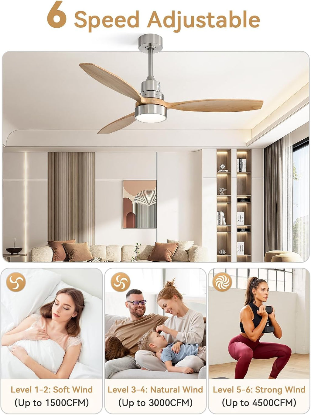 Sofucor Ceiling Fan with Lights, 52 Inch Low Profile Flush Mount Mordern Wood Ceiling Fan with Remote for Indoor Farmhouse Bedroom Living Room Outdoor Patio Porch, Reversible DC Motor, Noiseless
