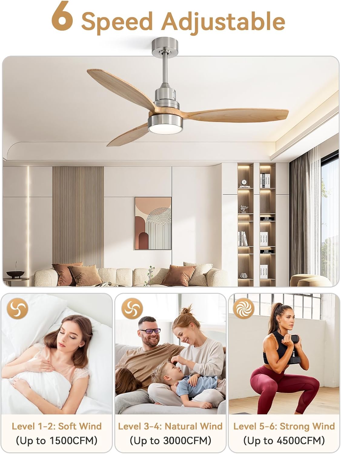 Sofucor Ceiling Fan with Lights, 52 Inch Low Profile Flush Mount Mordern Wood Ceiling Fan with Remote for Indoor Farmhouse Bedroom Living Room Outdoor Patio Porch, Reversible DC Motor, Noiseless