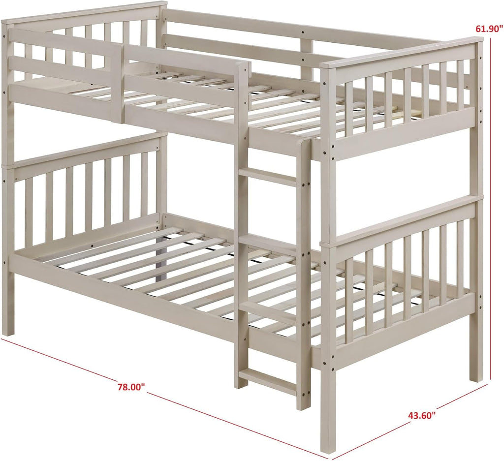 HOME DESIGN Ames Twin Over Twin Solid Wood Standard Bunk Bed with Guardrails and Ladder, Convertible to Two Twin Beds, Antique White