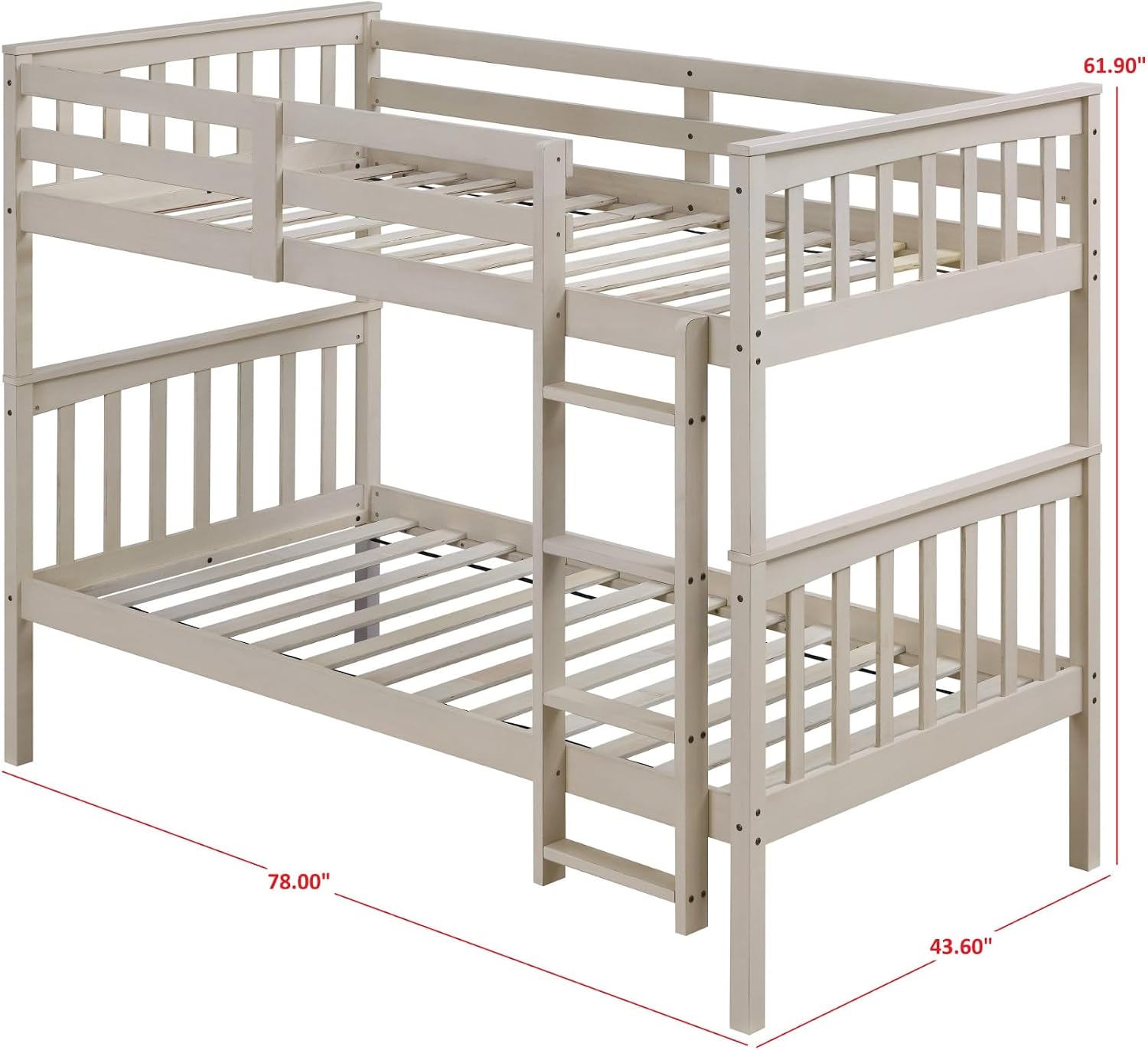 HOME DESIGN Ames Twin Over Twin Solid Wood Standard Bunk Bed with Guardrails and Ladder, Convertible to Two Twin Beds, Antique White