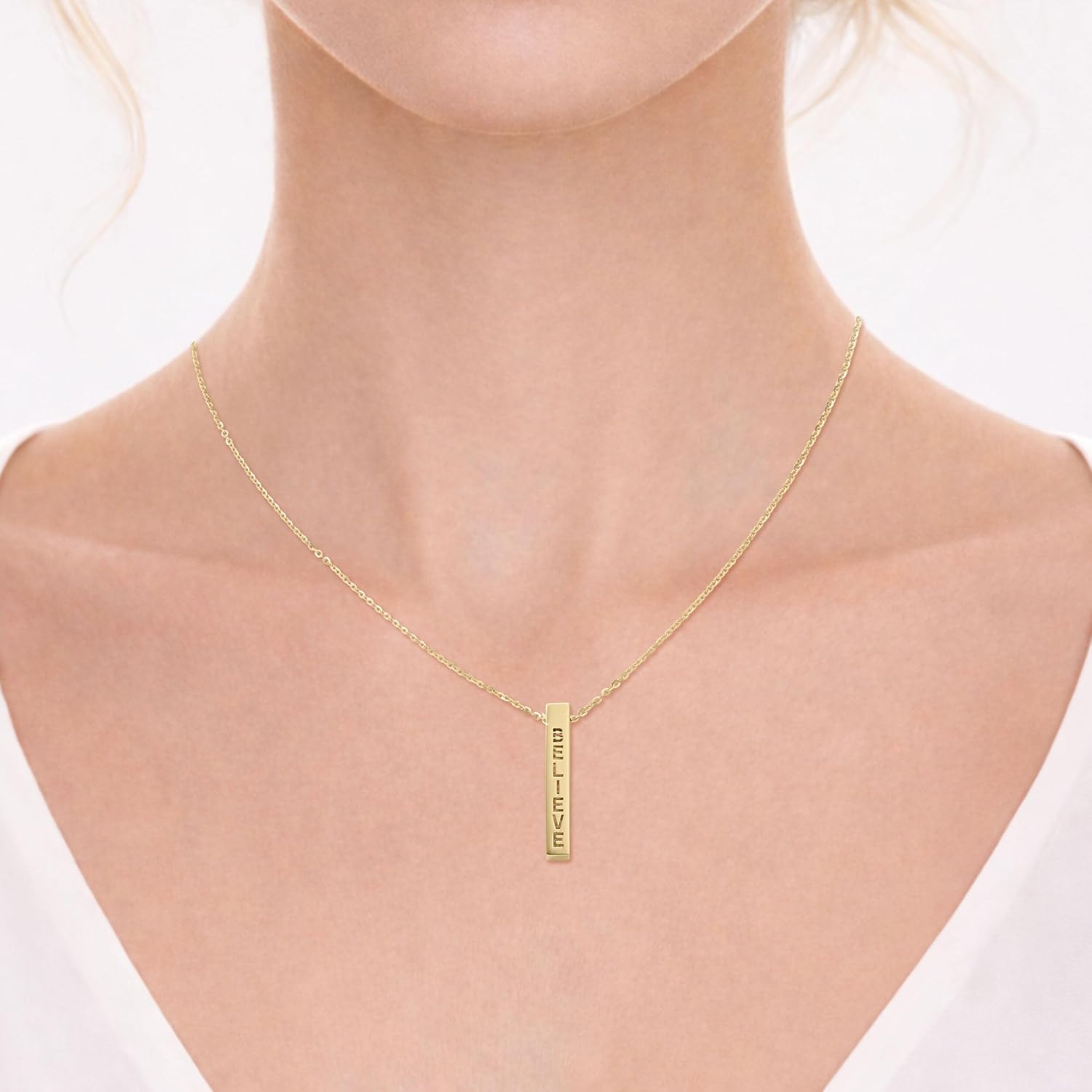 Amanda Rose Collection 10K & 14K Yellow Gold Hope Believe Faith Blessed Rectangular Bar Pendant Necklace for Women, Adjustable 16–18 Inch Cable Chain with Lobster Clasp