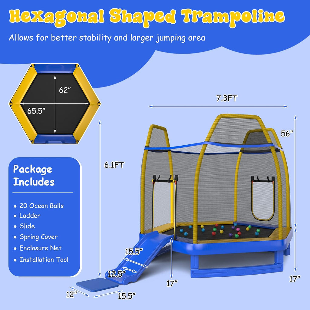 Giantex 7 FT Kids Trampoline with Ladder, Slide, Ocean Balls, ASTM Approved Recreational Trampoline with Net, Spring Cover