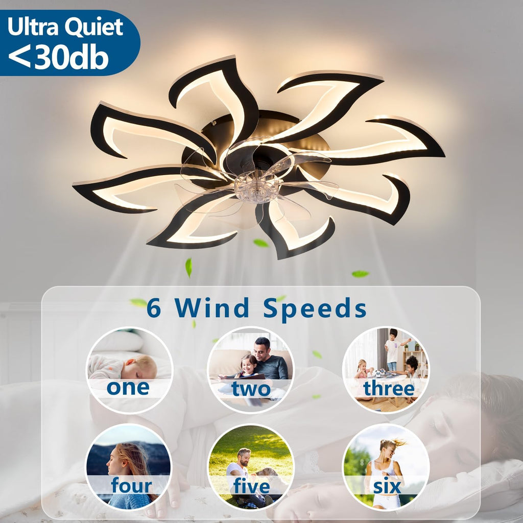 Dalouguan Modern Ceiling Fan with Lights and Remote Control, 32' Black Flush Mount Fan with 3 Light Colors, 6 Speeds, Low Profile for Kitchen and Bedroom