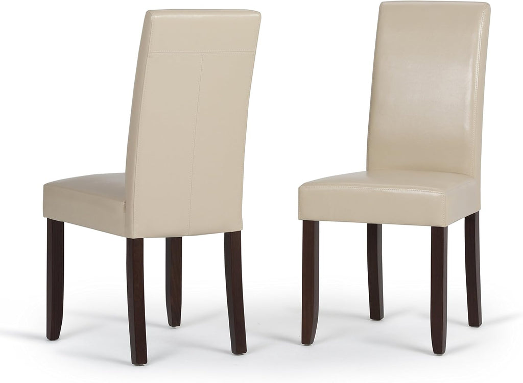 SIMPLIHOME Acadian Dining Chairs - Upholstered Solid Hardwood and Vegan Leather Parsons Chair Set in Satin Cream, Transitional Dining Room Seating with Padded Back and Seat (Set of 2)