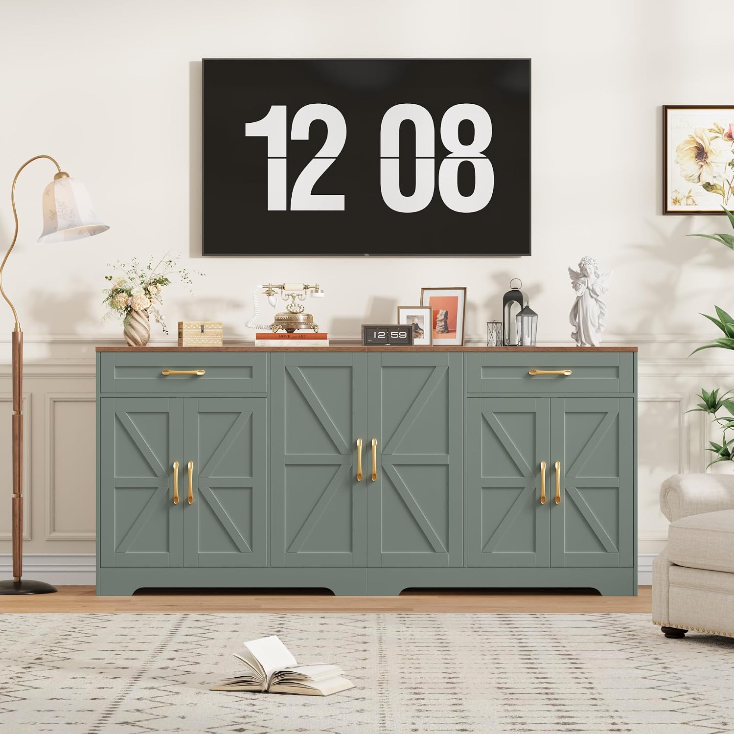 BOTLOG 71' Large Sideboard Buffet Cabinet with Storage, Farmhouse Kitchen Buffet Cabinet with Adjustable Shelves and 6 Barn Doors, Wood Coffee Wine Bar Console Table for Kitchen, Dining Room, Green