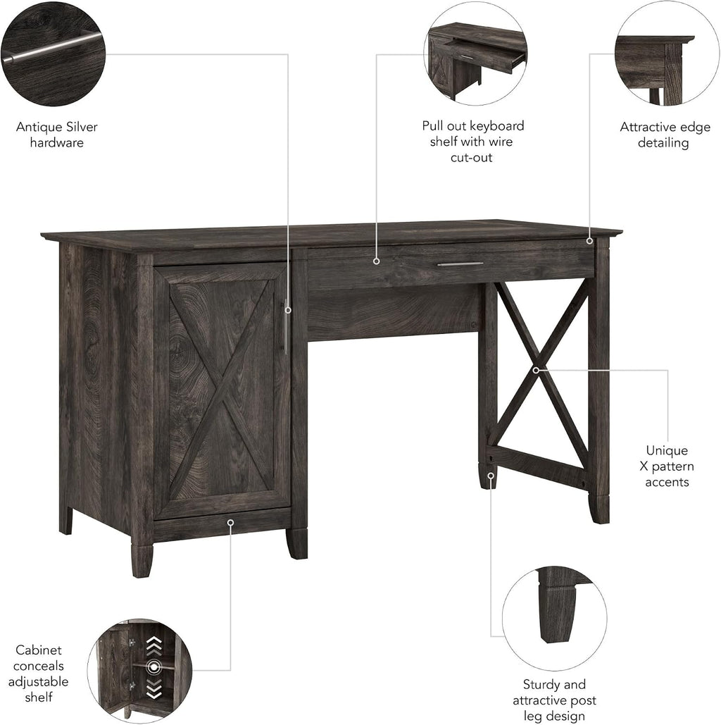 Bush Home Key West Computer Desk with Storage | Farmhouse PC Table for Home Office in Dark Gray Hickory | 54W x 24D
