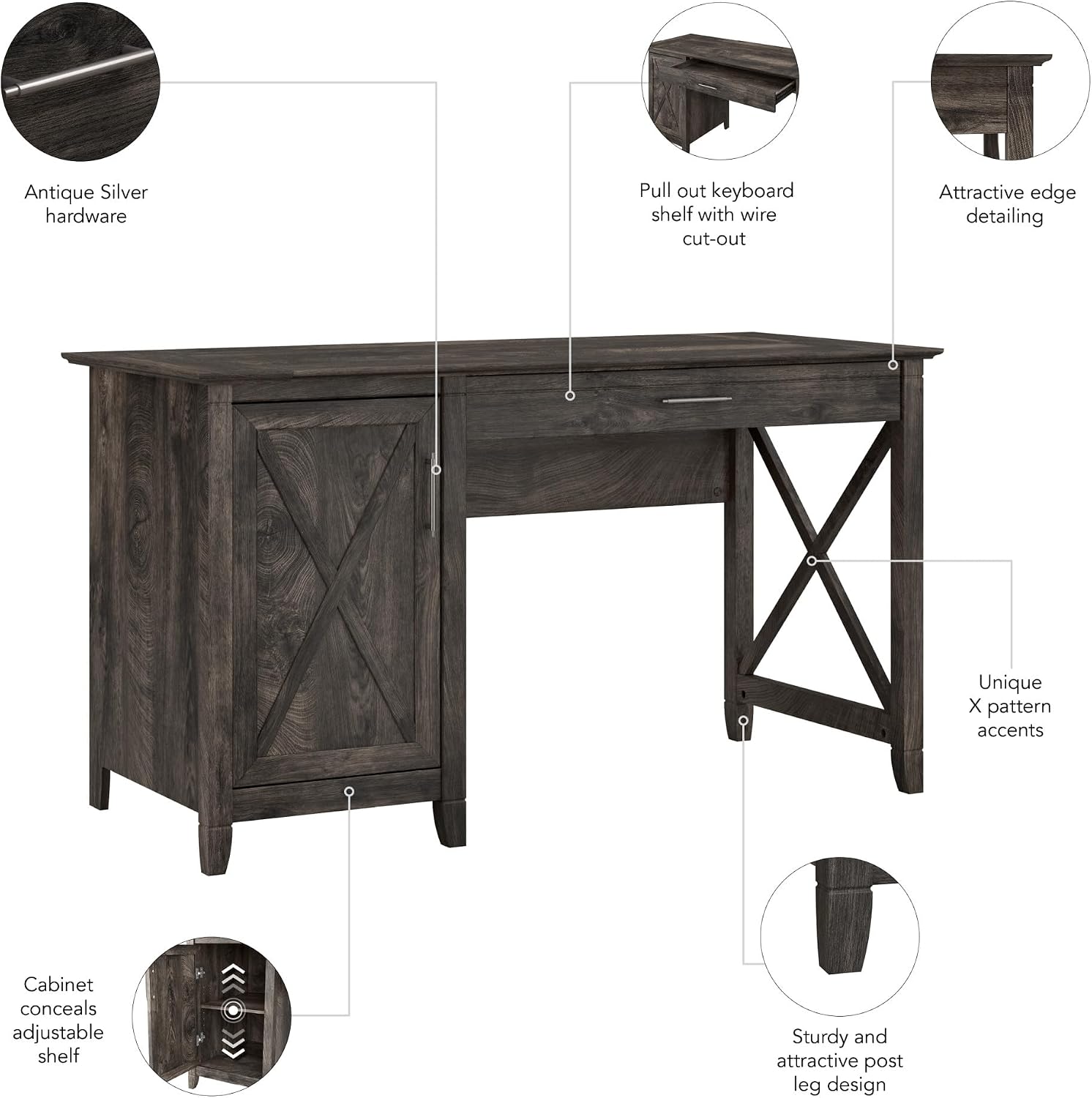 Bush Home Key West Computer Desk with Storage | Farmhouse PC Table for Home Office in Dark Gray Hickory | 54W x 24D