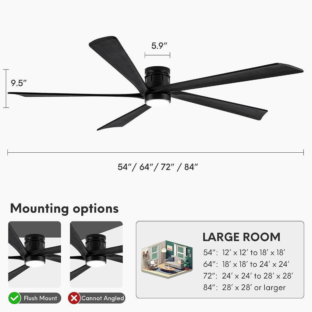 EKIZNSN 54 Inch Outdoor Low Profile Flush Mount Ceiling Fans with Lights for Patios, 110V Noiseless Reversible DC Motor, 6-Gear Speed (Black Finish with Black Blades)