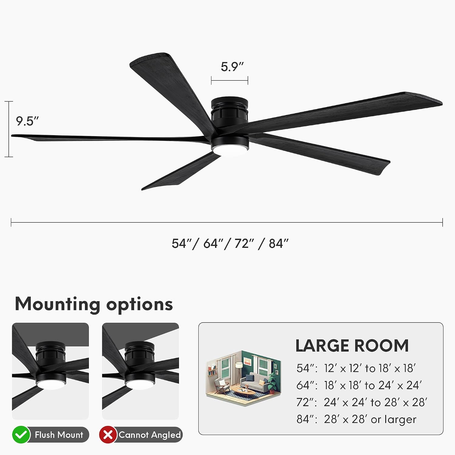 EKIZNSN 54 Inch Outdoor Low Profile Flush Mount Ceiling Fans with Lights for Patios, 110V Noiseless Reversible DC Motor, 6-Gear Speed (Black Finish with Black Blades)