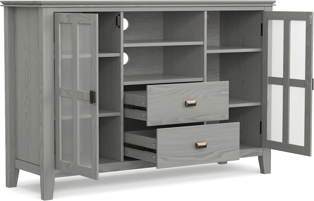 SIMPLIHOME Artisan TV Stand - 53 inch Wide Solid Wood Tall Media Console in Fog Grey, Contemporary Entertainment Center for Living Room for TVs up to 60 Inches with Drawers and Cable Management