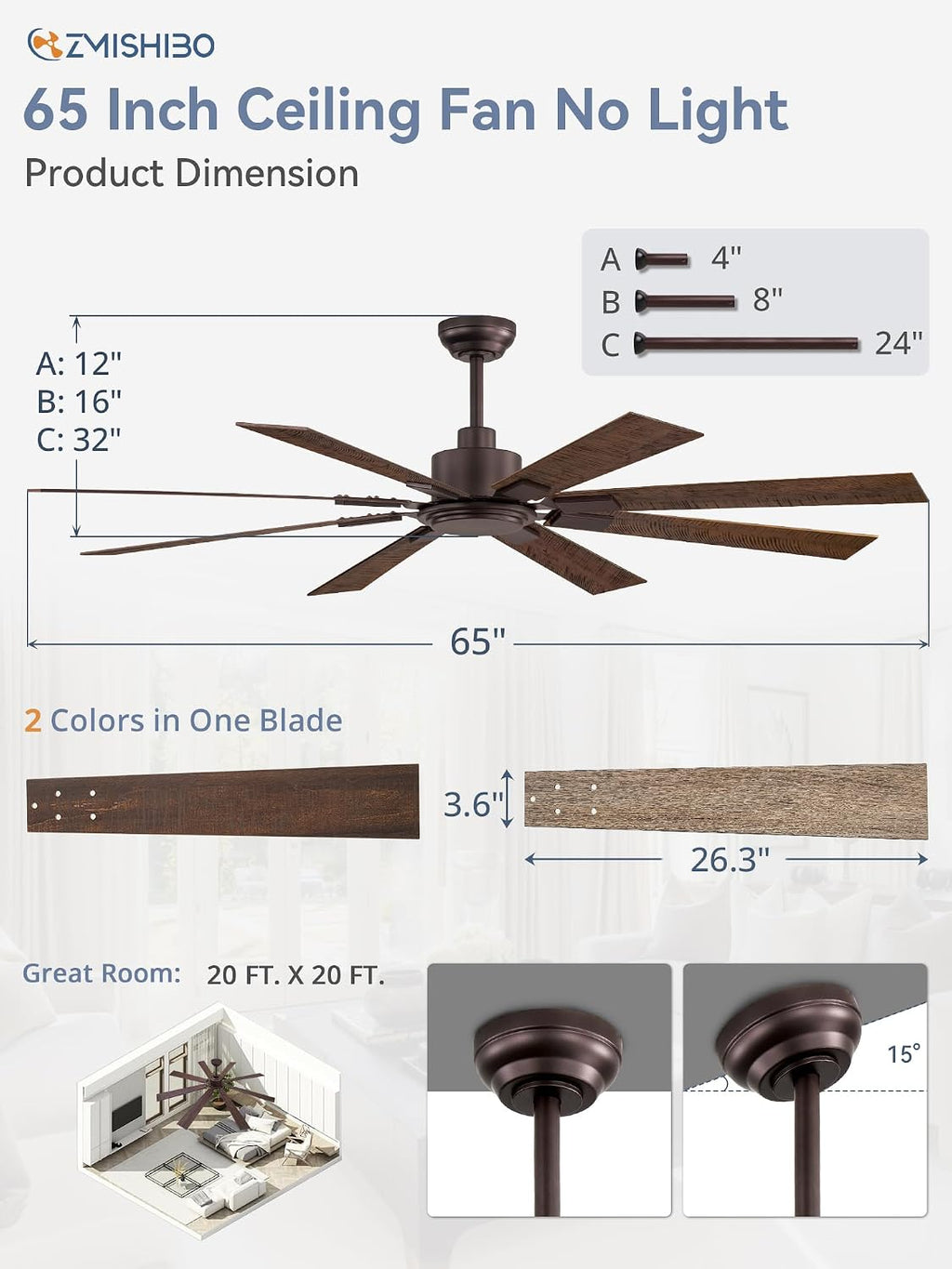 ZMISHIBO 65 Inch Oil Rubbed Bronze Ceiling Fans No Light with Remote, Indoor/Outdoor Farmhouse Ceiling Fan Without Light for Living Room Patio, 6 Speed Reversible Quiet DC Motor, Dual Finish Blades