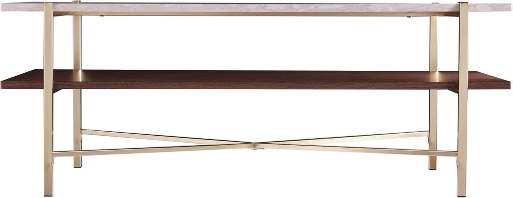 SEI Furniture Ardmillan Rectangular 47' Cocktail Table w/Storage, Brass and Dark Tobacco Finish w/White Faux Travertine