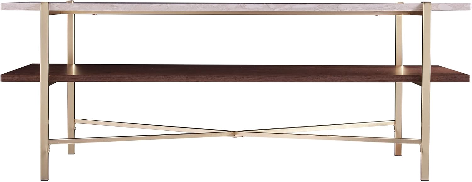 SEI Furniture Ardmillan Rectangular 47' Cocktail Table w/Storage, Brass and Dark Tobacco Finish w/White Faux Travertine