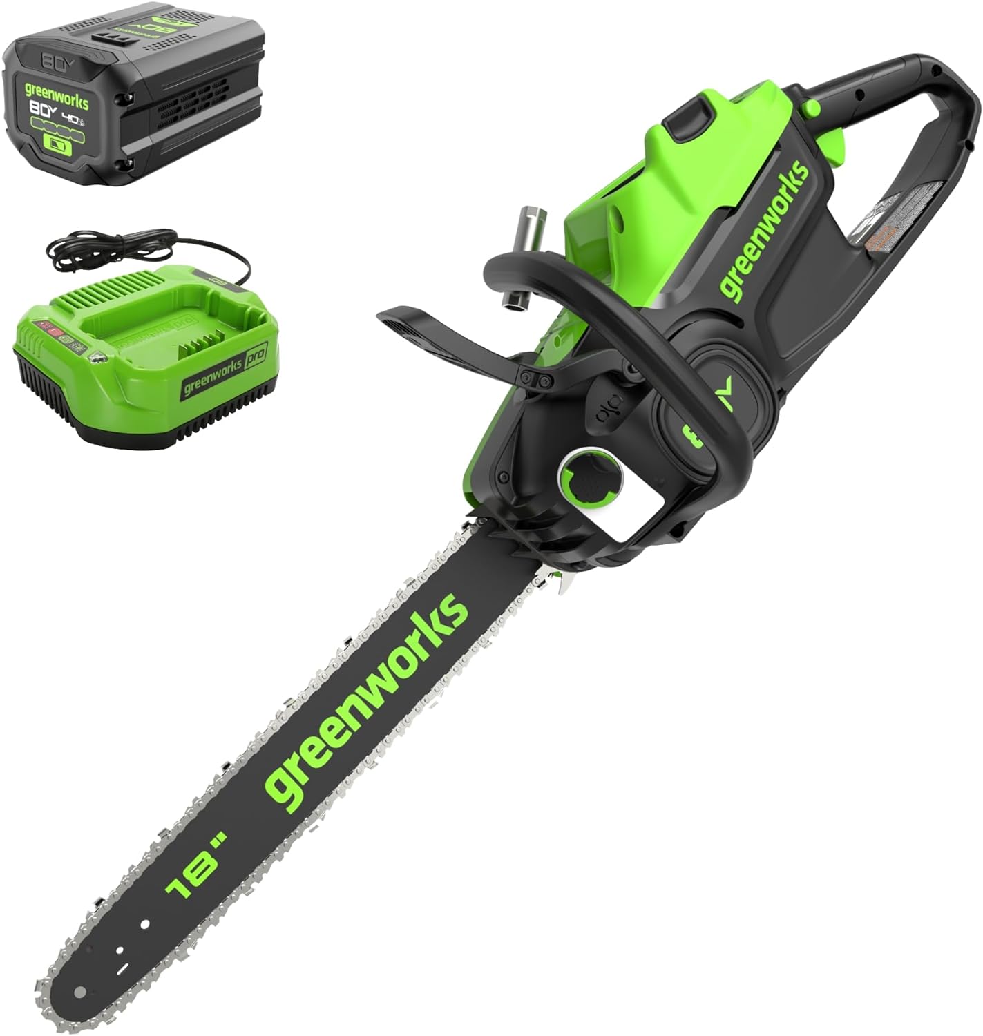 Greenworks 80V 18' Brushless Cordless Chainsaw (Great For Tree Felling, Limbing, Pruning, and Firewood), 75+ Compatible Tools, 4.0Ah Battery and Charger Included