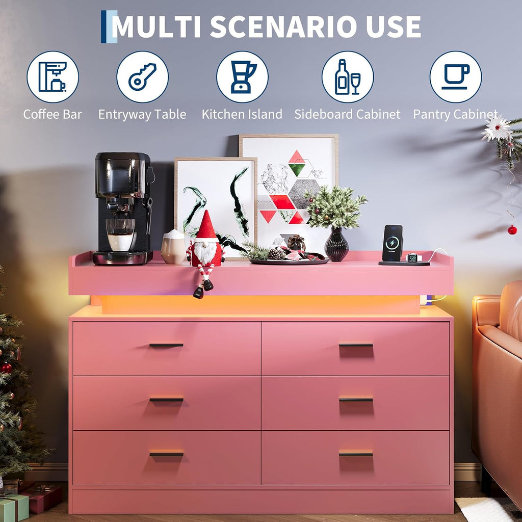 TV Stand Cabinet with LED Lights & Charging Station, Coffee Bar Cabinet Floating Countertop, Modern Sideboard Buffet 6 Drawers for Home, Living Room, Pink