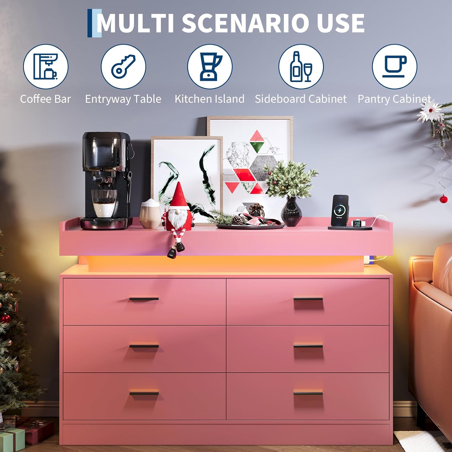 TV Stand Cabinet with LED Lights & Charging Station, Coffee Bar Cabinet Floating Countertop, Modern Sideboard Buffet 6 Drawers for Home, Living Room, Pink