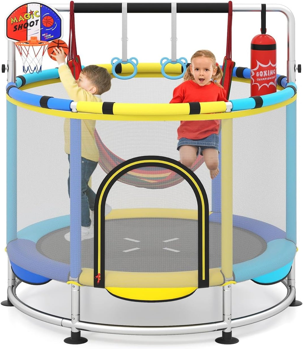 OLAKIDS 55' Trampoline for Kids, Indoor Outdoor Adjustable Toddler Trampoline with Safety Enclosure Net, Baby Recreational Trampolines with Basketball Hoop Hammock Boxing Bag Gymnastic Bar Rings