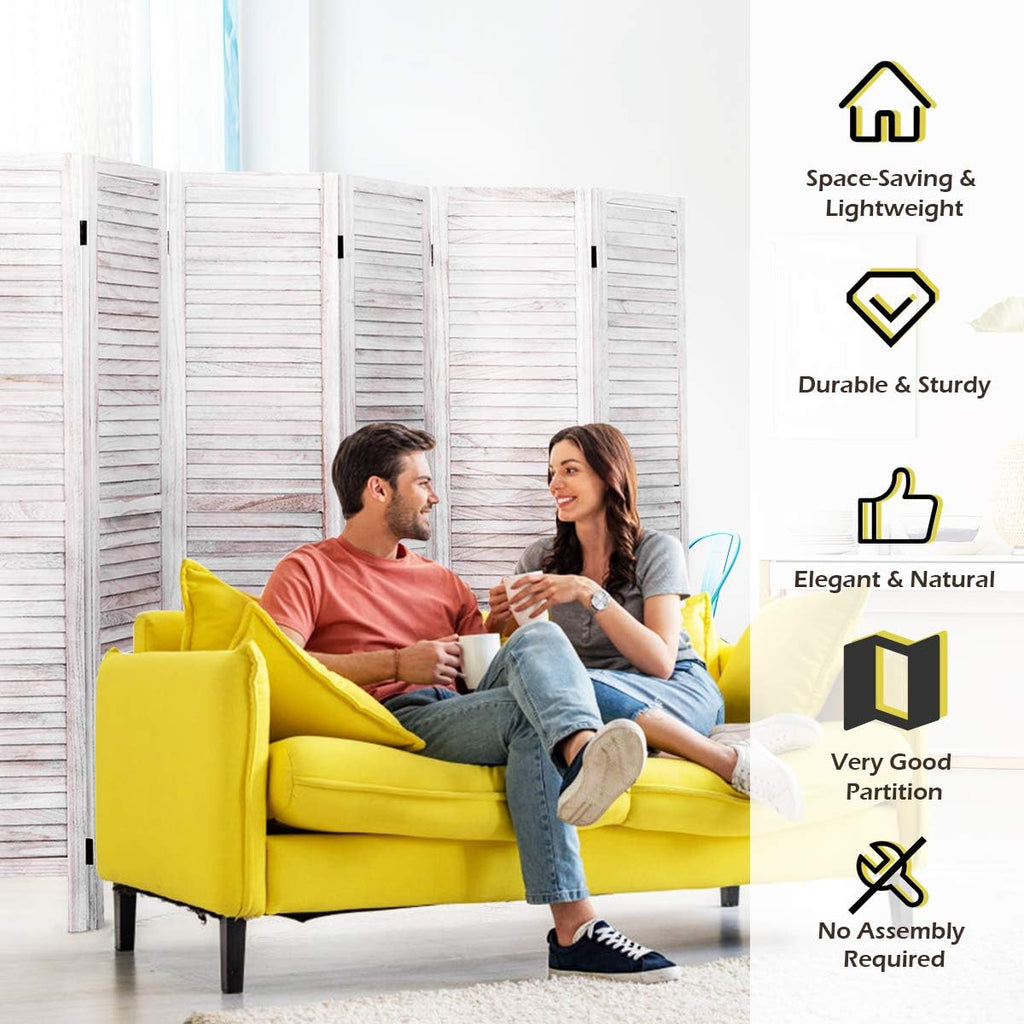 Giantex 6 Panel Wood Room Divider, 5.6 Ft Tall Oriental Folding Freestanding Partition Privacy Room Dividers Screen for Home, Office, Restaurant, Bedroom (White)