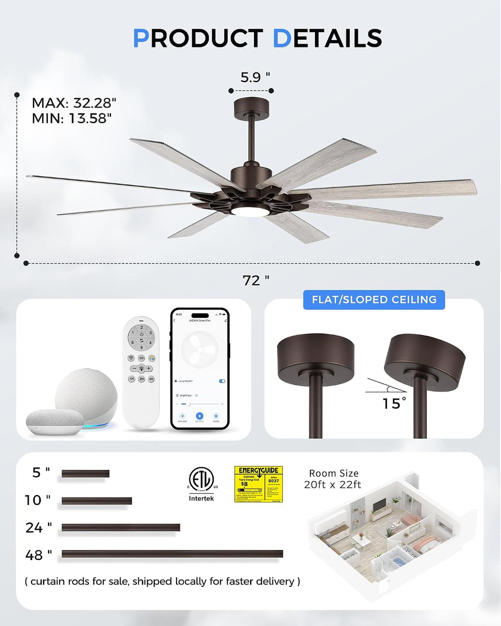 72 Inch Ceiling Fan with Light,Smart Ceiling Fan with Alexa Control,Large Oil Rubbed Bronze Indoor Outdoor Ceiling Fan,Modern Quiet Fan with Dual Finish 8 Blades for Patio, ZCCF05ORB-72
