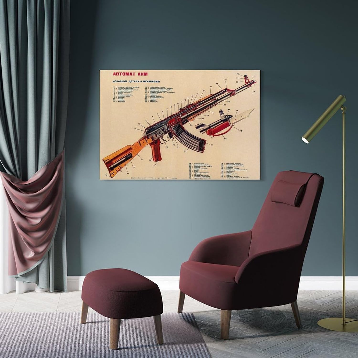 Vintage Kalashnihov Assault Rifle Gun AK-47 Modified Structure Chart Military Collection Home Office Canvas Wall Art Print Are Used For Room Aesthetics And Decoration 20x30inch(50x75cm)