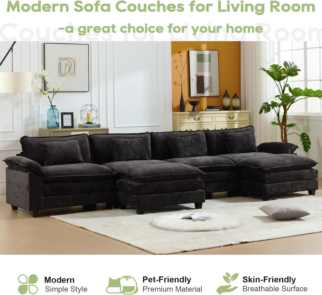 Oprisen 154' Modular Sectional Sofa, Comfy Cloud Couch Sectional Sofa with Ottoman, Chenille Sofa Sleeper Deep Seat Sofa with Throw Pillows for Living Room (Black, 154'- U Shape)