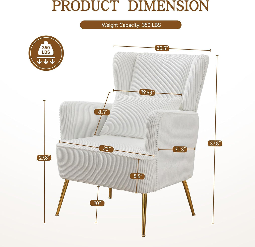 WUTUTUEE Corduroy Accent Living Room Arm Chair with Pillow & Golden Legs, 8.5' Thick Cushion, Mid Century Modern Wingback Chairs Upholstered Comfy Sofa Armchair for Reading Room/Bedroom, White