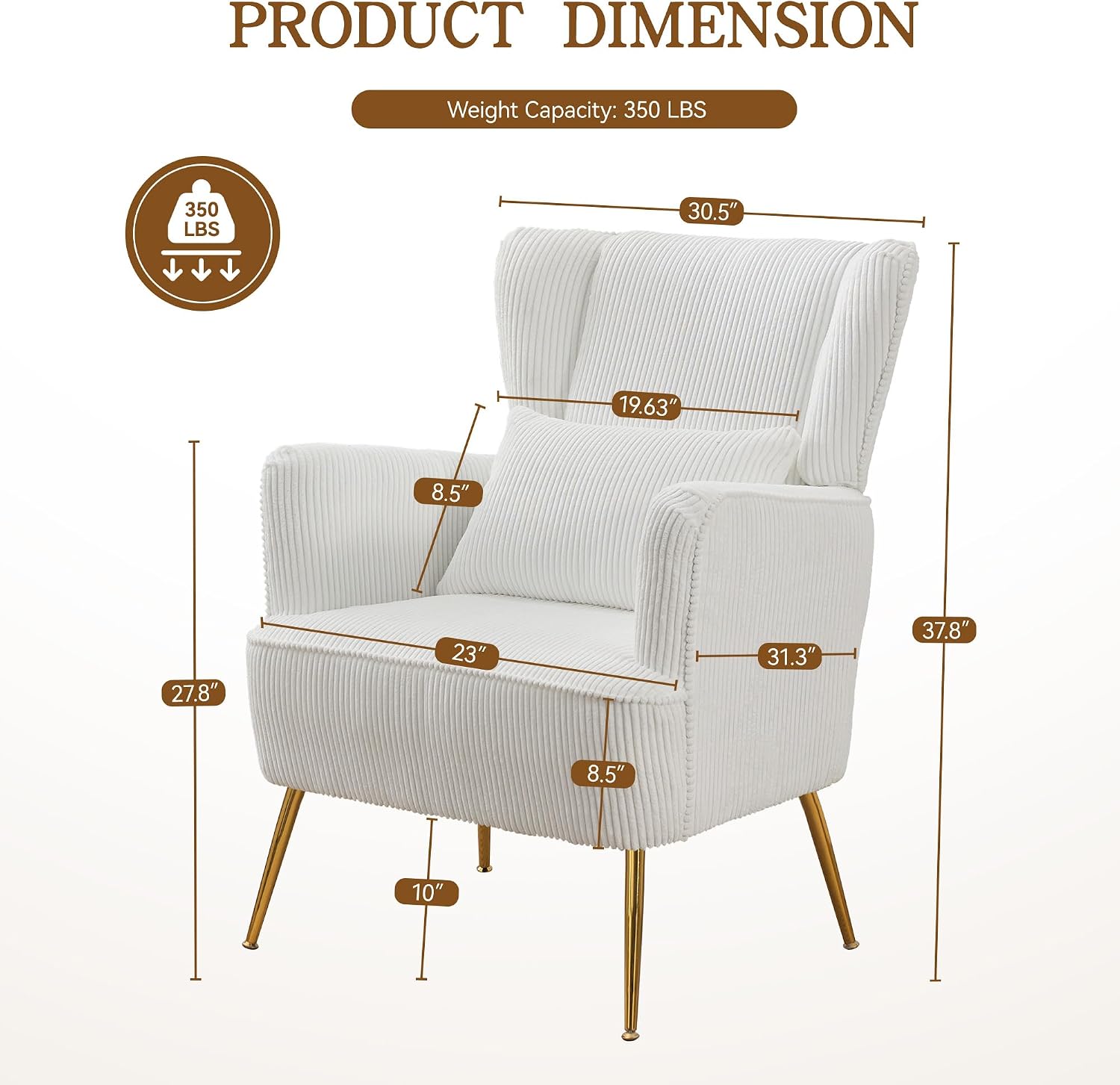WUTUTUEE Corduroy Accent Living Room Arm Chair with Pillow & Golden Legs, 8.5' Thick Cushion, Mid Century Modern Wingback Chairs Upholstered Comfy Sofa Armchair for Reading Room/Bedroom, White