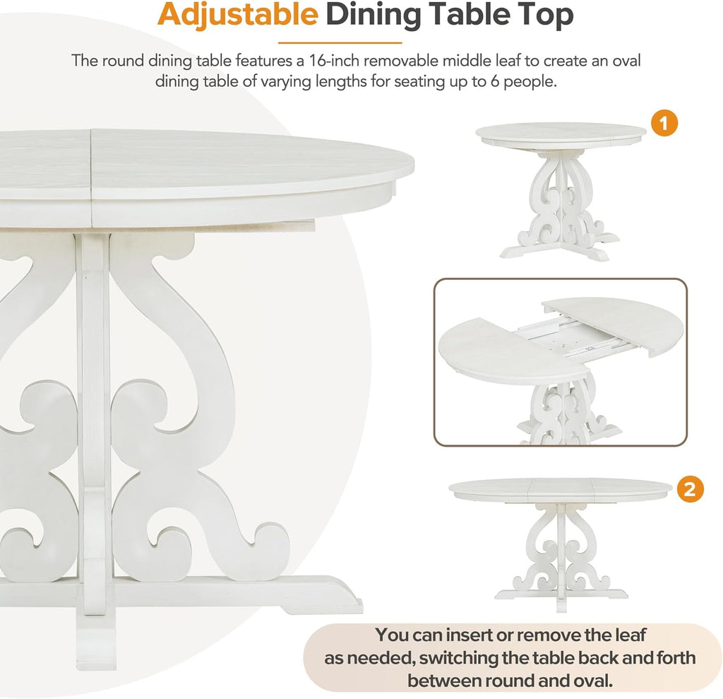Merax Dining Table Set for 4, Extendable Round Tabletop with 16 inch Leaf and Upholstered Chairs, Retro Hollowed-Out Carving Design, White