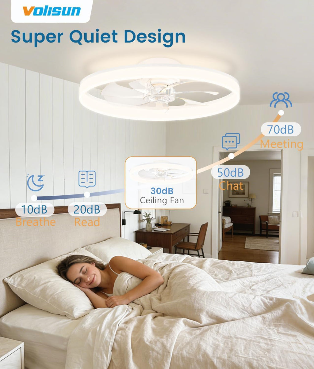 VOLISUN Low Profile Ceiling Fans with Lights and Remote, 24in Fandelier Ceiling Fan Flush Mount, 3000K-6500K Smart Bladeless LED Fan Light, White Modern Ceiling Fans with Lights for Bedroom