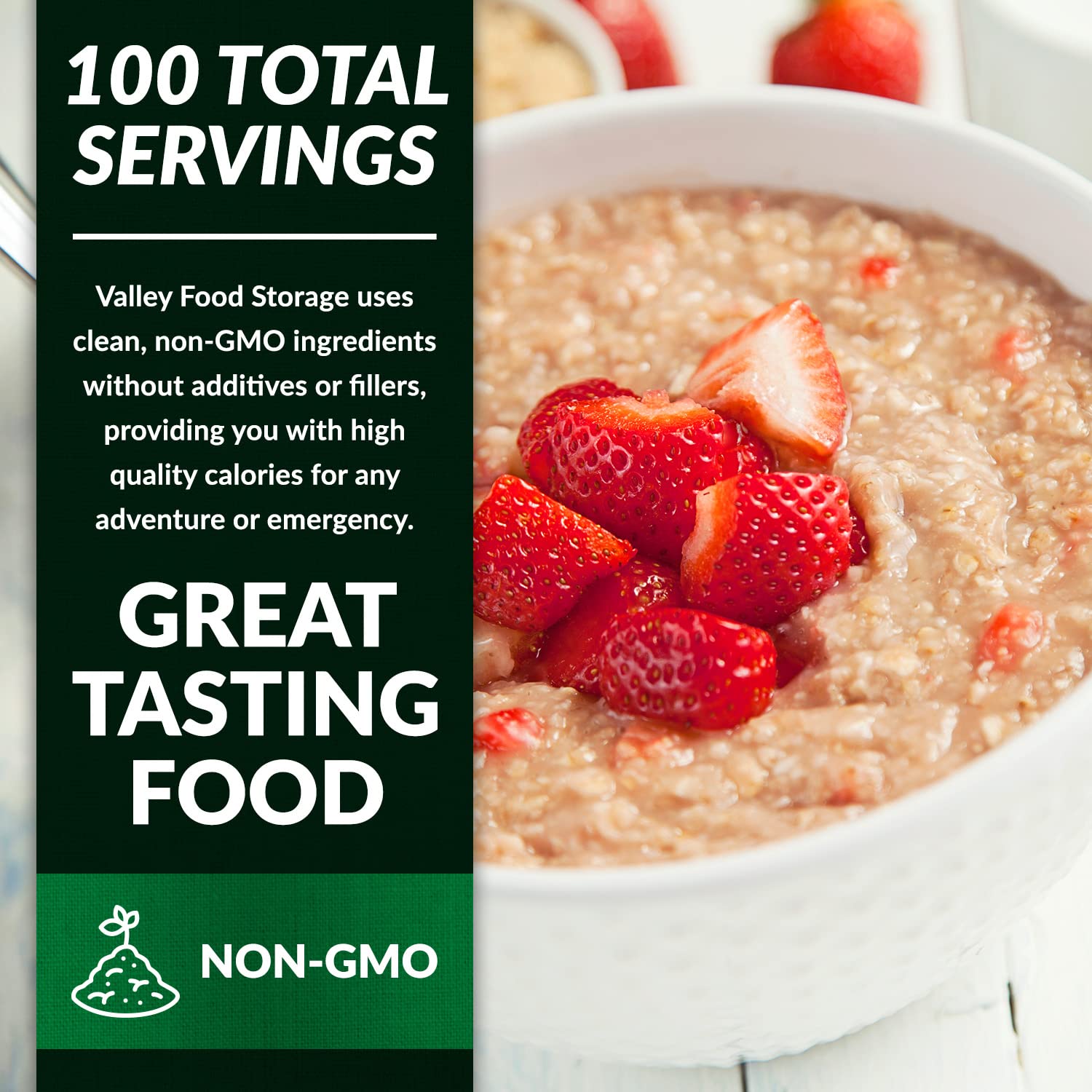 Valley Food Storage Freeze Dried Strawberry Oatmeal | 10-Bag Bucket, 100 Servings | Premium Emergency Food Supply with 25 Year Shelf Life | Non-GMO Freeze Dried Breakfast & Prepper Food