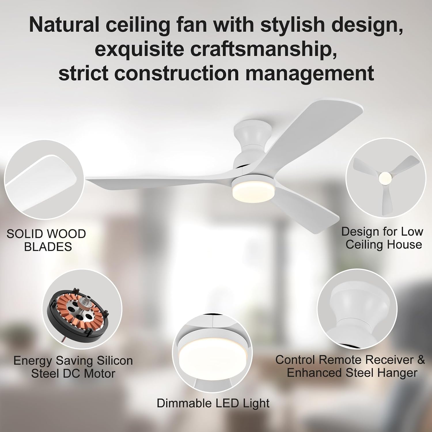 52 Inch Low Profile Ceiling Fan with Light and Remote, Dimmable, Quiet 6 Speeds DC Motor Wood Flush Mount Ceiling Fan, Hugger Ceiling Fans with Lights, Indoor Outdoor White Ceiling Fan