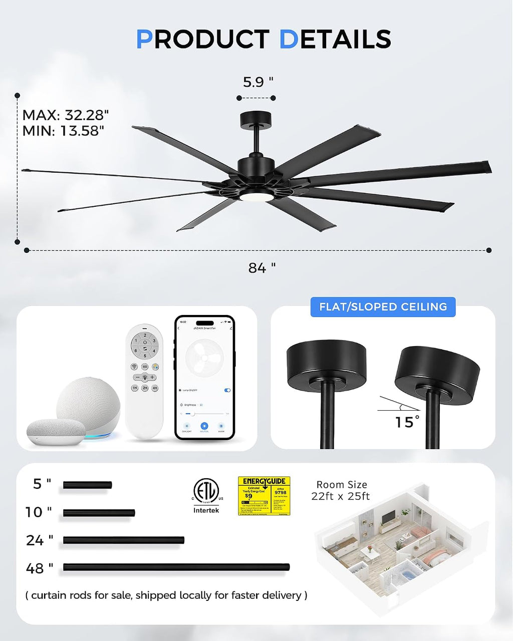 84 Inch Ceiling Fan With Light, Industrial Ceiling Fan With 8 Aluminium Metal Blades, Smart Fan Compatible with Alexa, Garage Indoor Fan For Living Room and Patio, ZCCF05ABK-84