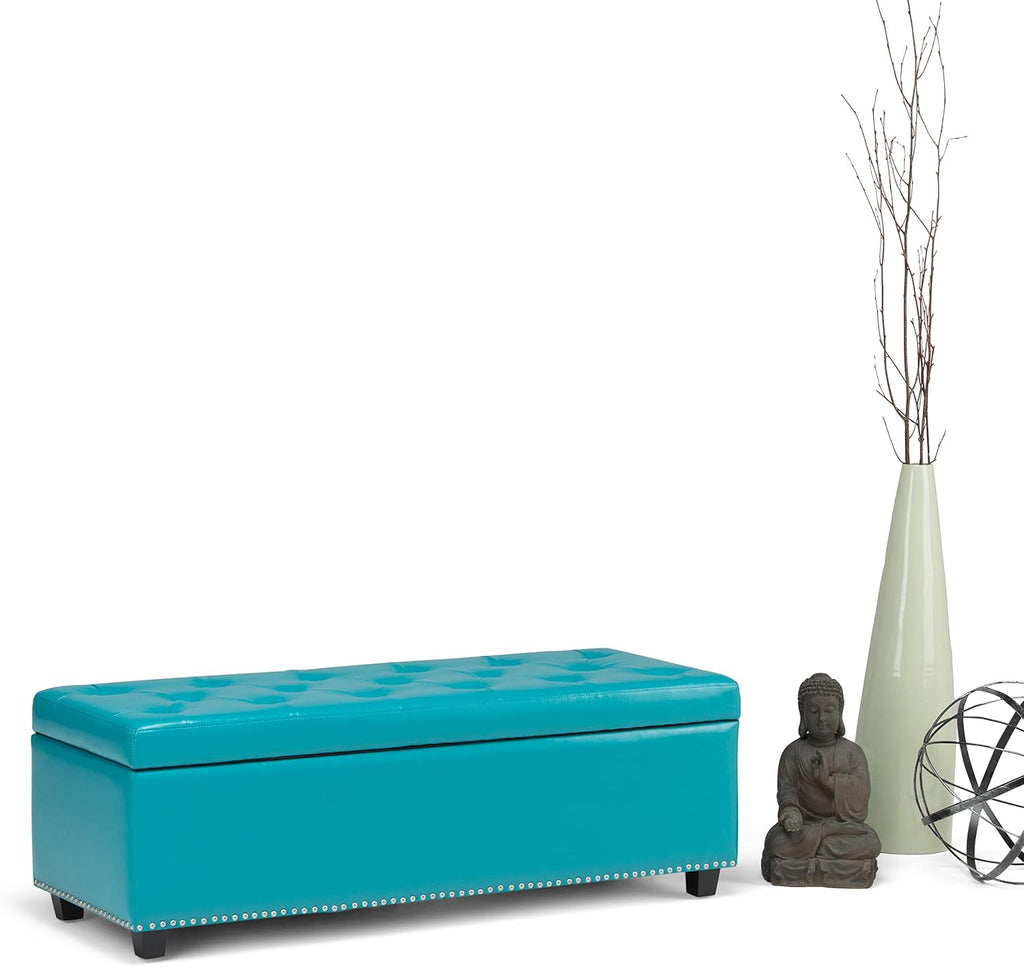 SIMPLIHOME Hamilton Storage Ottoman - 48 inch Wide Upholstered Vegan Leather Rectangle Storage Ottoman Bench in Mediterranean Blue, Traditional Tufted Ottoman for Living Room with Lift-Up Lid
