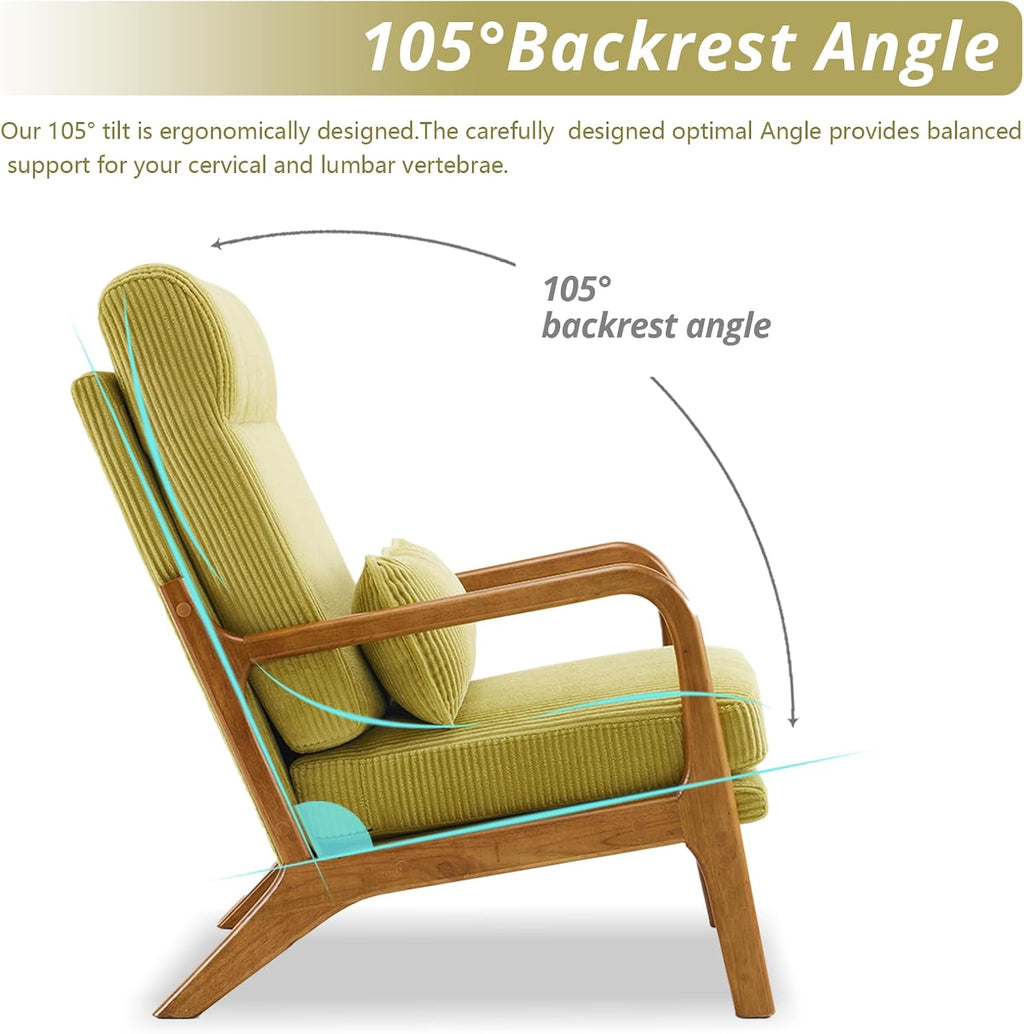Karl home Mid-Century Modern Accent Chair, Living Room Chairs with Pillow High Back Corduroy Upholstered Lounge Armchair with Solid Wood Frame & Soft Cushion for Bedroom, Reading Room, Green