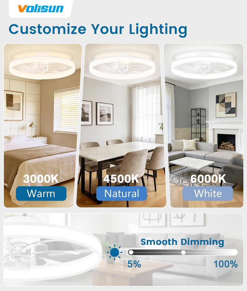 VOLISUN Low Profile Ceiling Fans with Lights and Remote, 24in Fandelier Ceiling Fan Flush Mount, 3000K-6500K Smart Bladeless LED Fan Light, White Modern Ceiling Fans with Lights for Bedroom