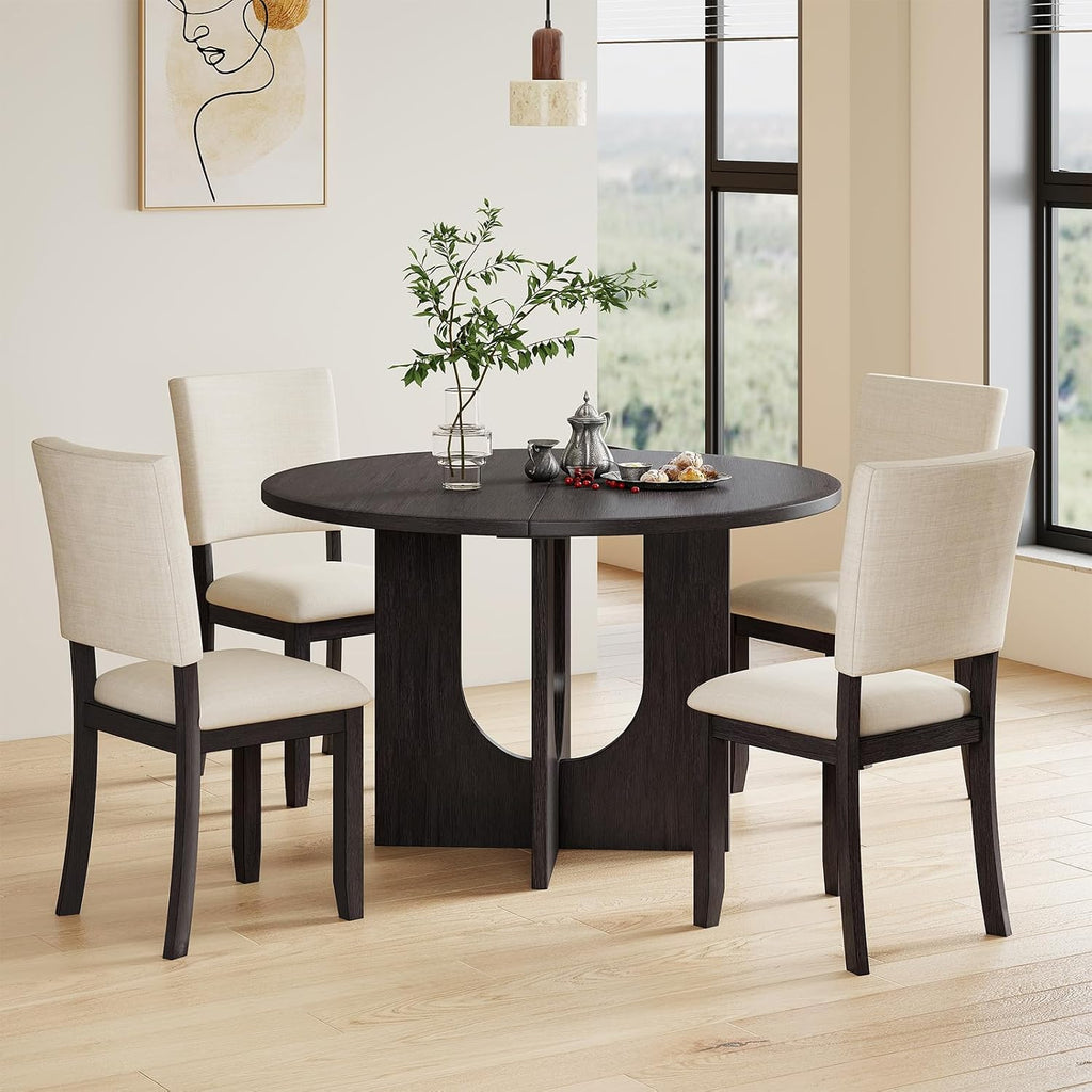 Zevemomo 47.3' Round Solid Wood Dining Table Set for 4, 5-Piece Kitchen Table Set with 4 Upholstered Chairs, Modern Round Dining Sets for Kitchen, Living Room, Black
