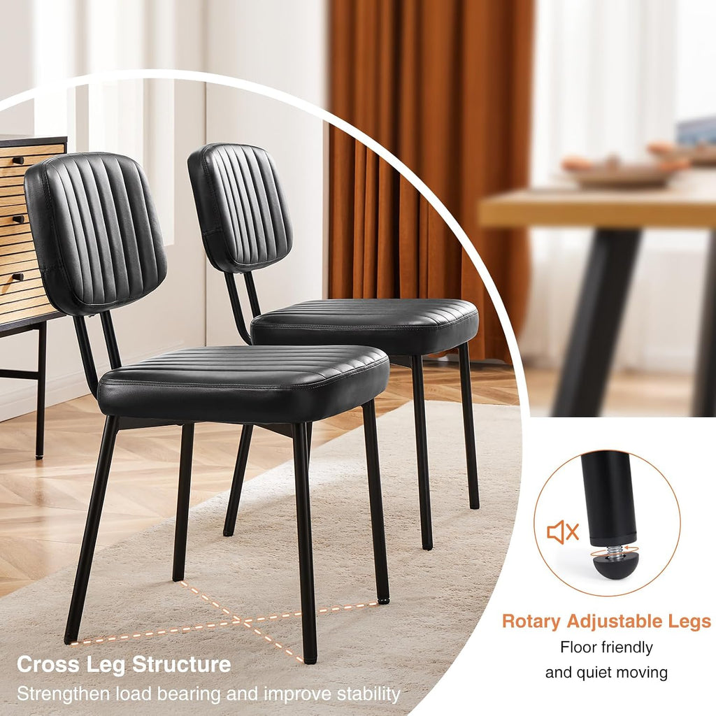 Sweetcrispy Dining Chairs Set of 4, Upholstered Mid Century Modern Kitchen Accent Chairs with Faux Leather Cushion Seat & Metal Legs for Home Office, Living Room - Black
