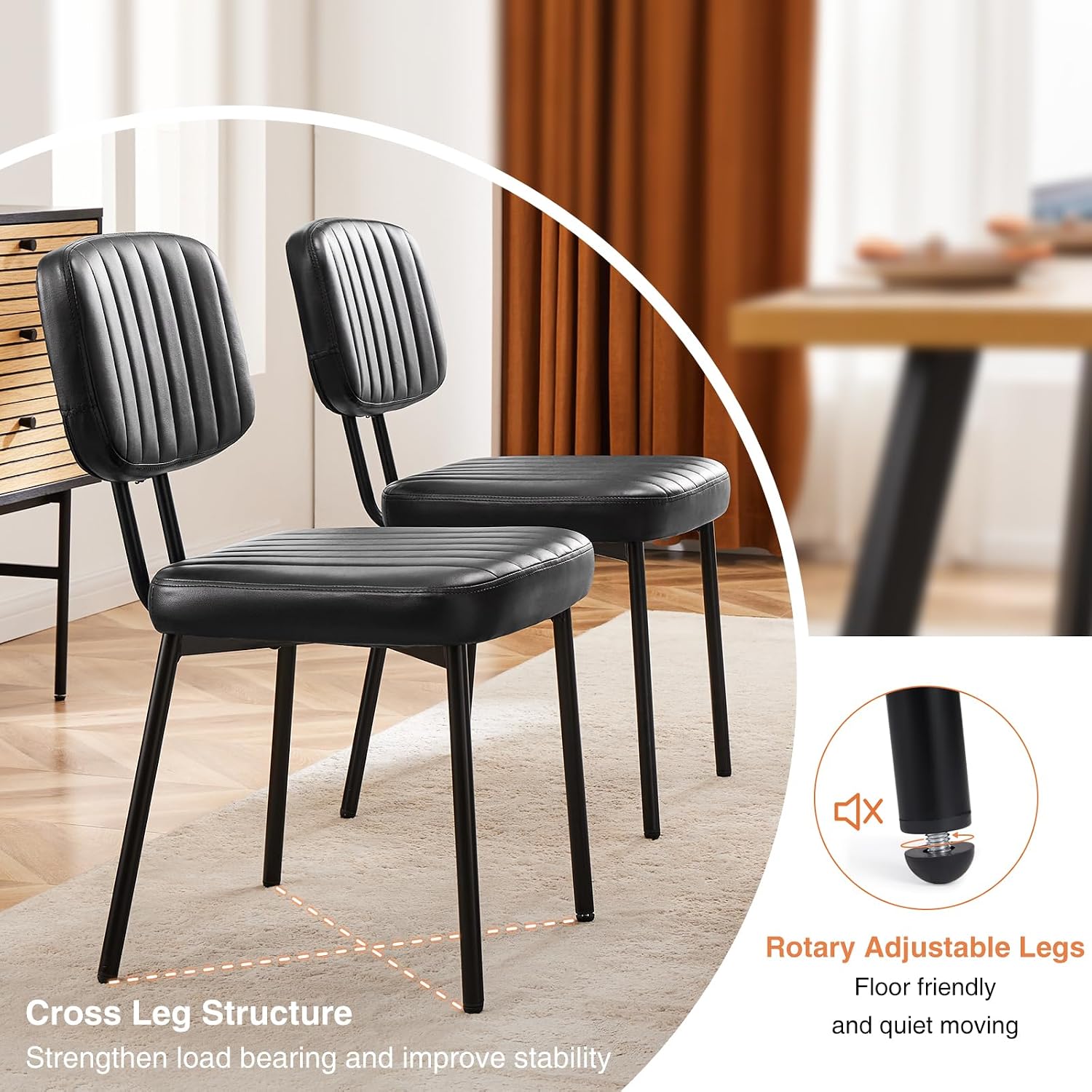 Sweetcrispy Dining Chairs Set of 4, Upholstered Mid Century Modern Kitchen Accent Chairs with Faux Leather Cushion Seat & Metal Legs for Home Office, Living Room - Black