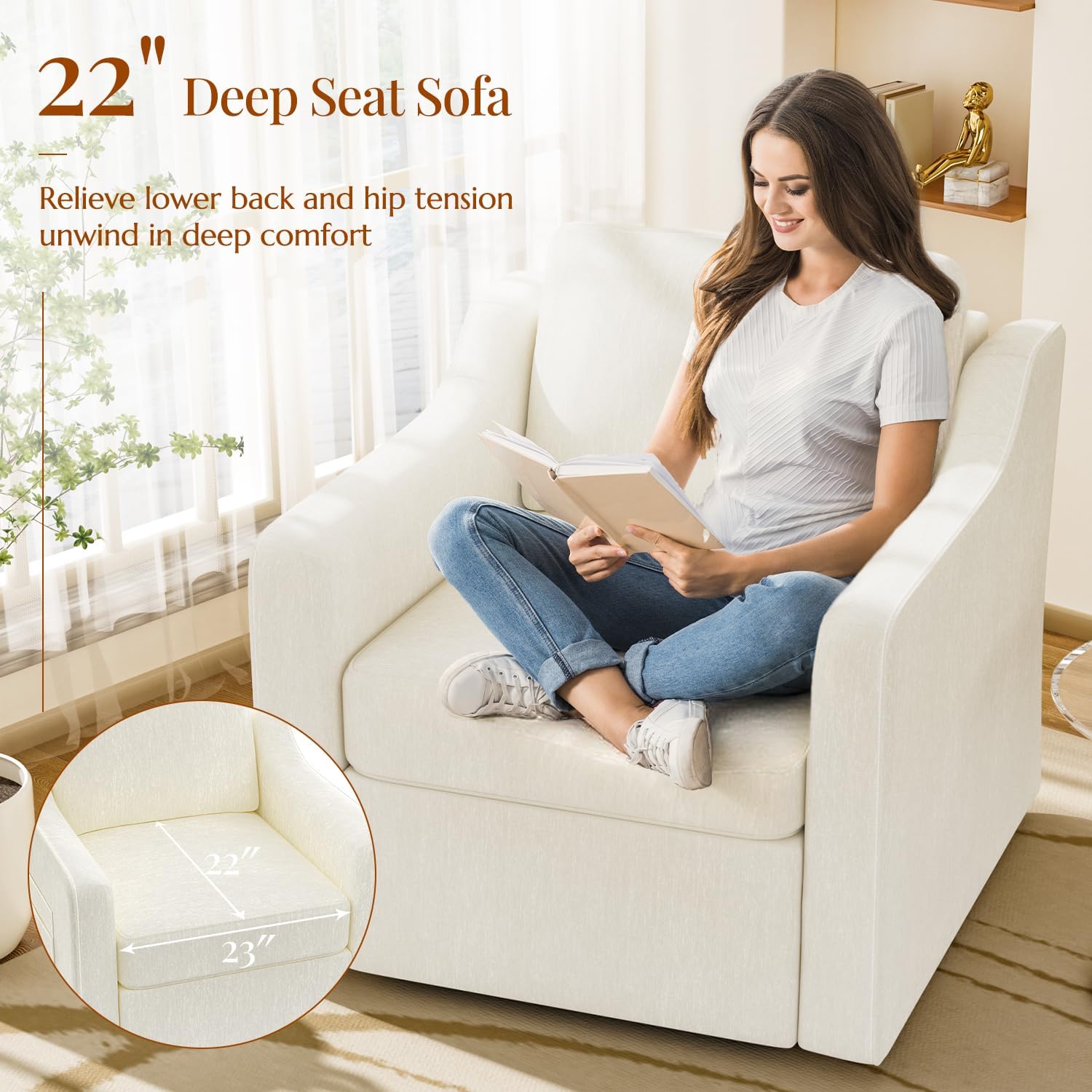 360° Swivel Accent Chair Set of 2, Large Comfy Reading Chairs, Square Single-Seat Armchair Upholstered Sofa for Reading, Nursery, Living Room, Bedroom, Lounge, Hotel, Beige