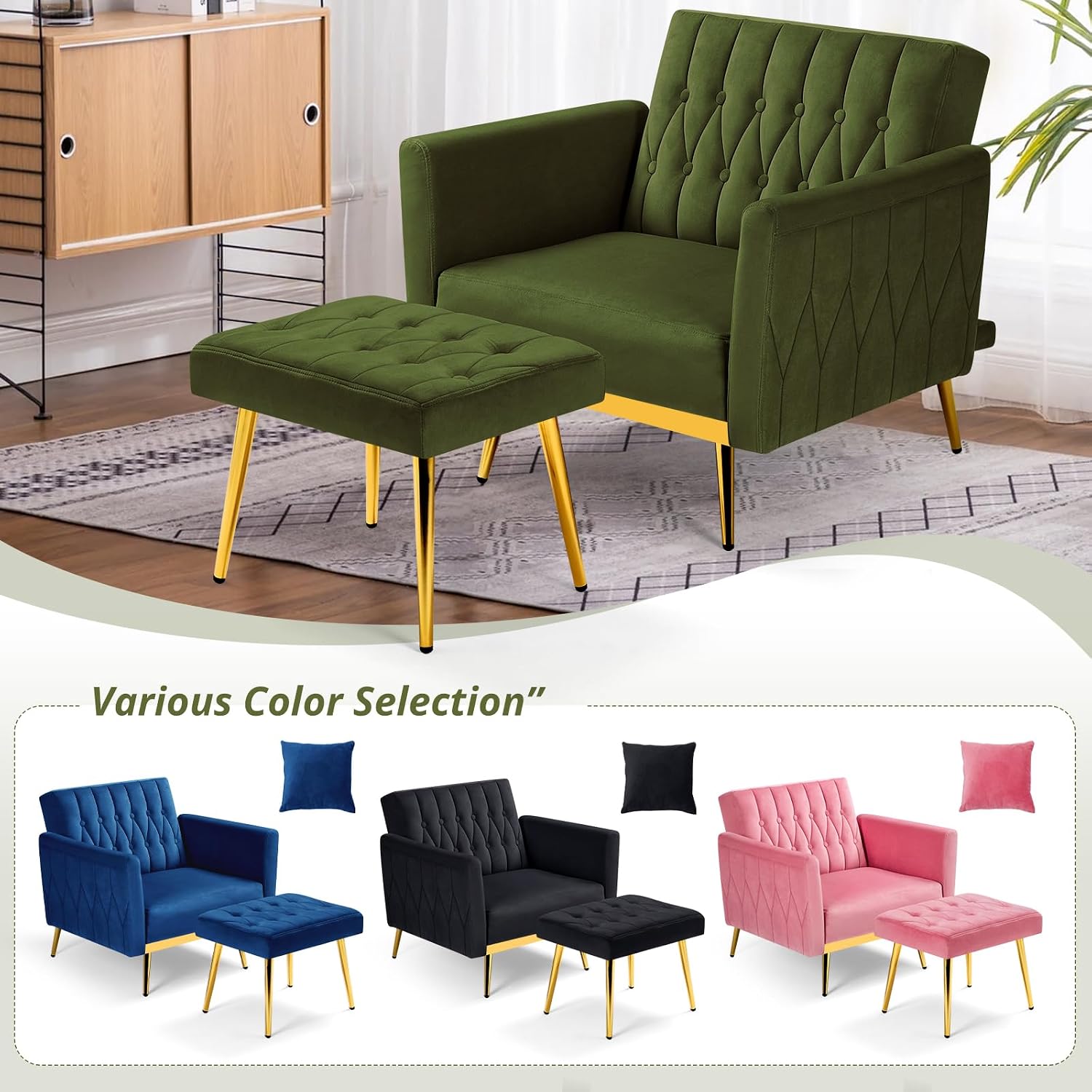 Velvet Accent Chair w/Adjustable Armrests and Backrest, Button Tufted Lounge Chair, Single Recliner Armchair with Ottoman and a Pillow for Living Room, Bedroom,Olive Green