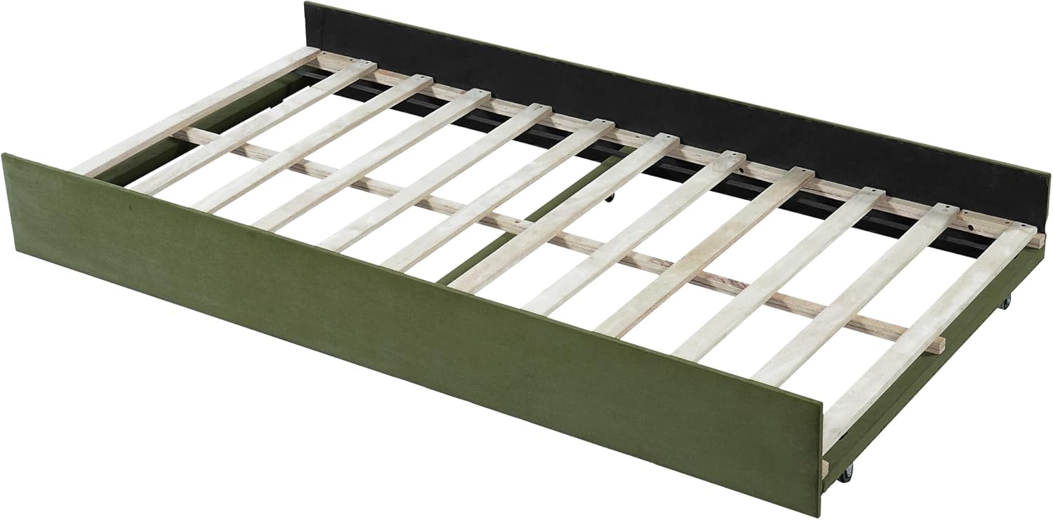 Christopher Knight Home Leonhart Velvet Upholstered Full Size Bed Frame with Headboard/Footboard, Day Bed Frame with Pull-Out Functionality, Iron Frame + Wooden Slat Trundle Bed Full, Olive Green