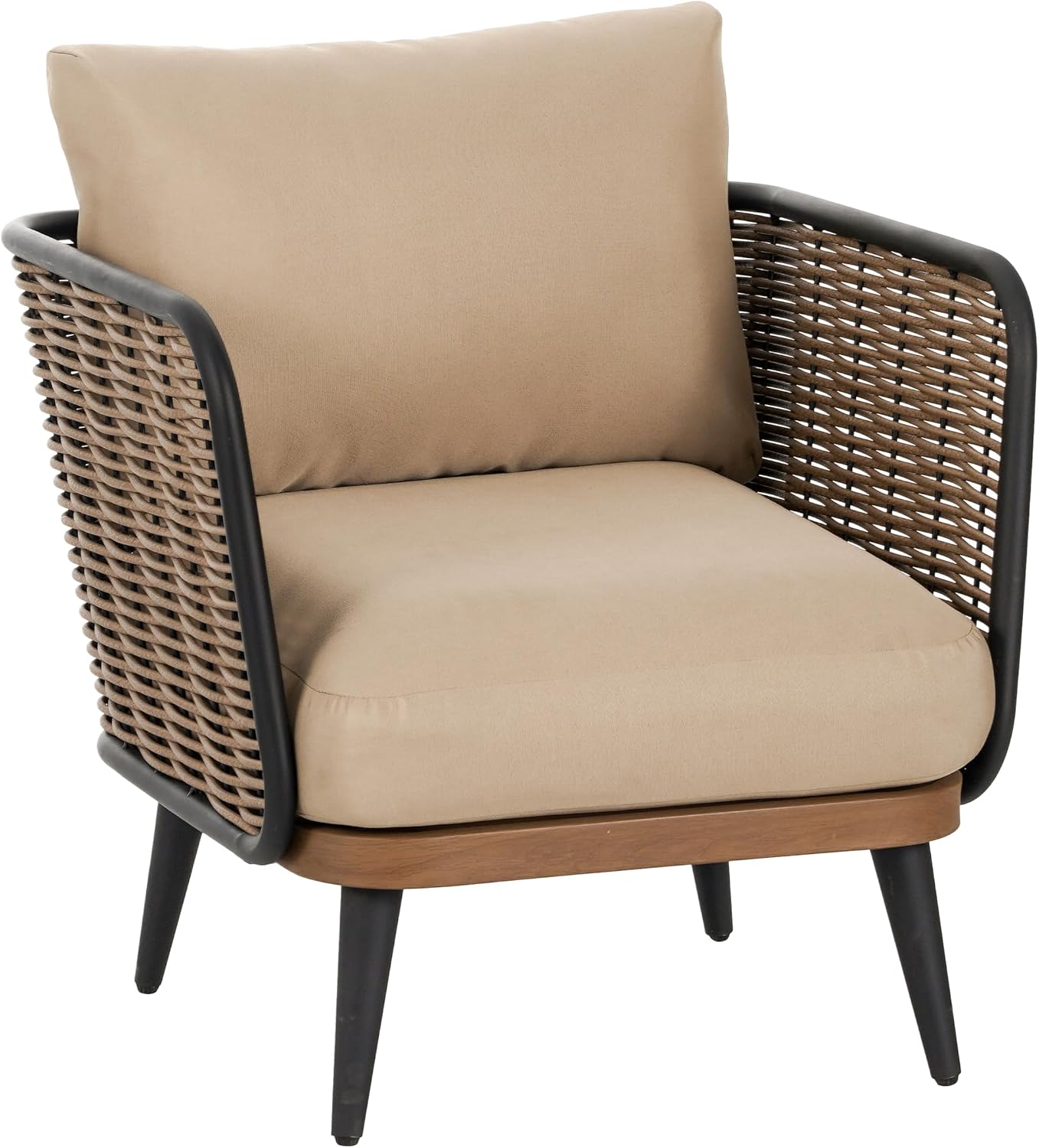 Christopher Knight Home Xayah Patio Wicker Accent Chair Set of 2, Outdoor Lounge Chair with Water-Resistant Cushion, Woven Faux Rattan Backrest & Armrest, Sturdy Metal Frame Armchair, Brown + Khaki