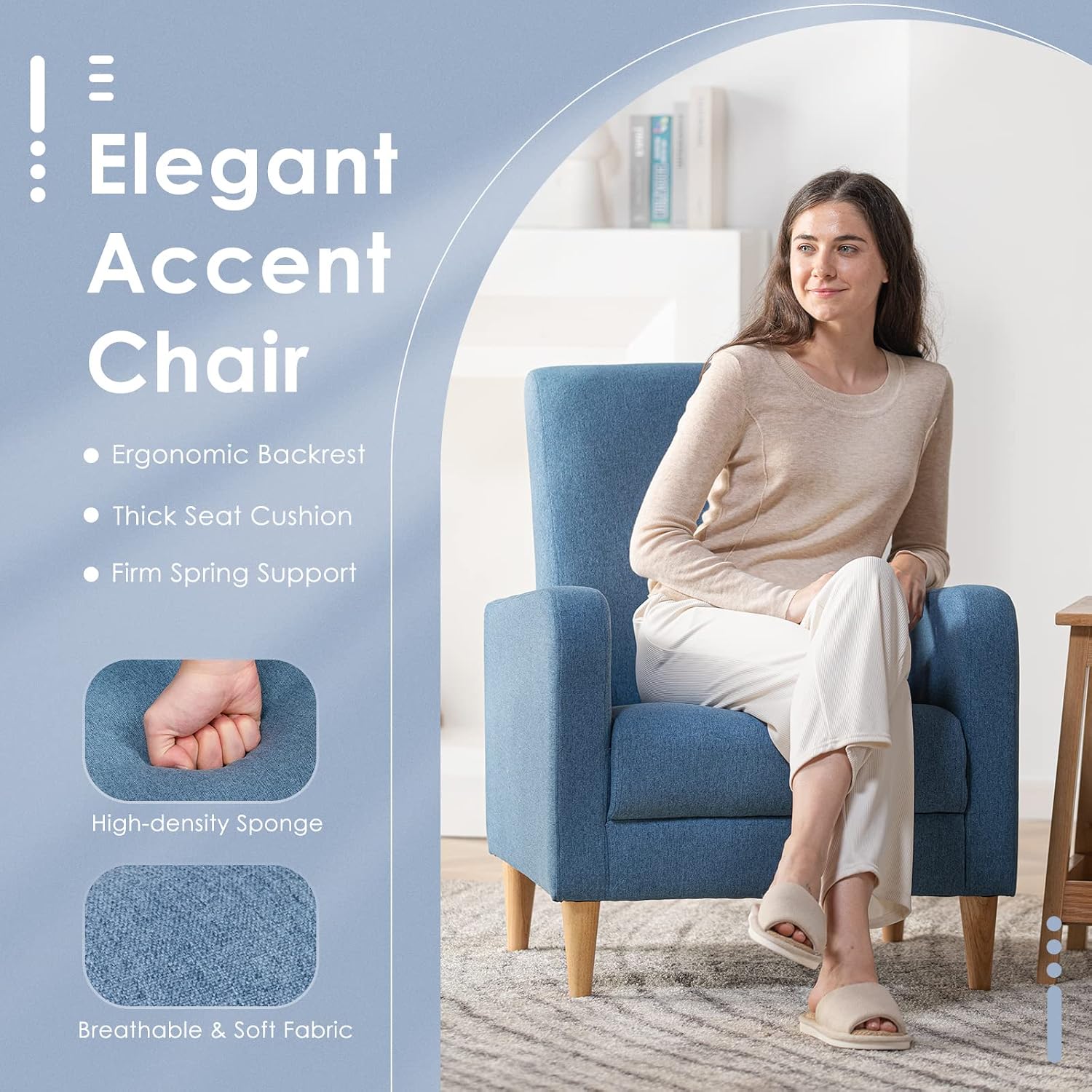 COLAMY Modern Upholstered Accent Chair Armchair with Pillow, Fabric Reading Living Room Side Chair,Single Sofa with Lounge Seat and Wood Legs, Blue