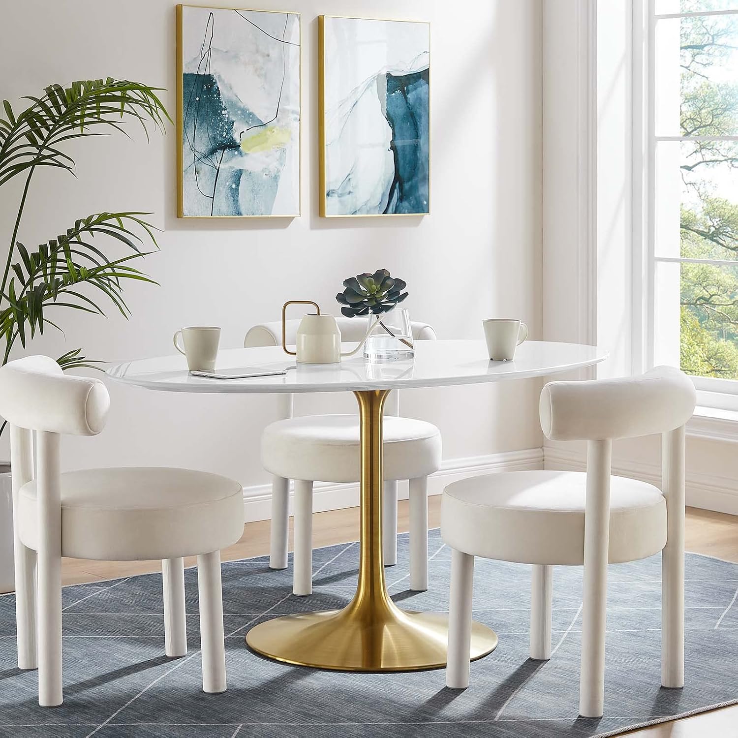 Modway Lippa 60' Oval-Shaped Mid-Century Modern Dining Table with White Wood Top and Gold Base