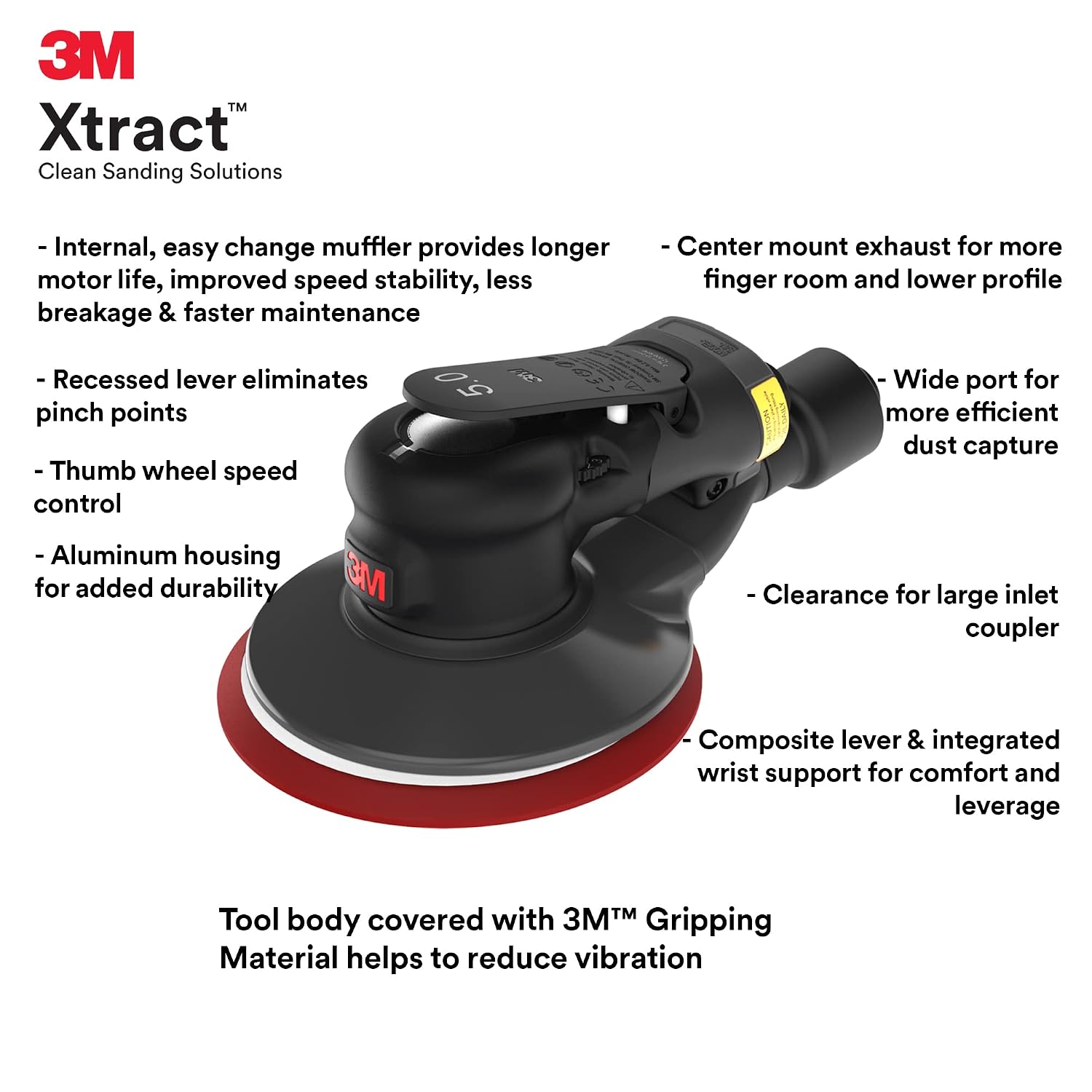 3M Random Orbital Sander, Xtract Pneumatic 88946, 5 in, Self-Generated Vacuum, 3/16 in Orbit, Ergonomic and Lightweight ROS, 209W Motor, Dust Extraction